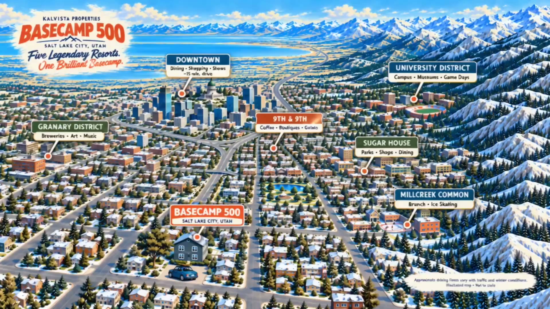 An illustrated map of Salt Lake City in winter, Base Camp 500 marked among the neighborhoods below the Wasatch.