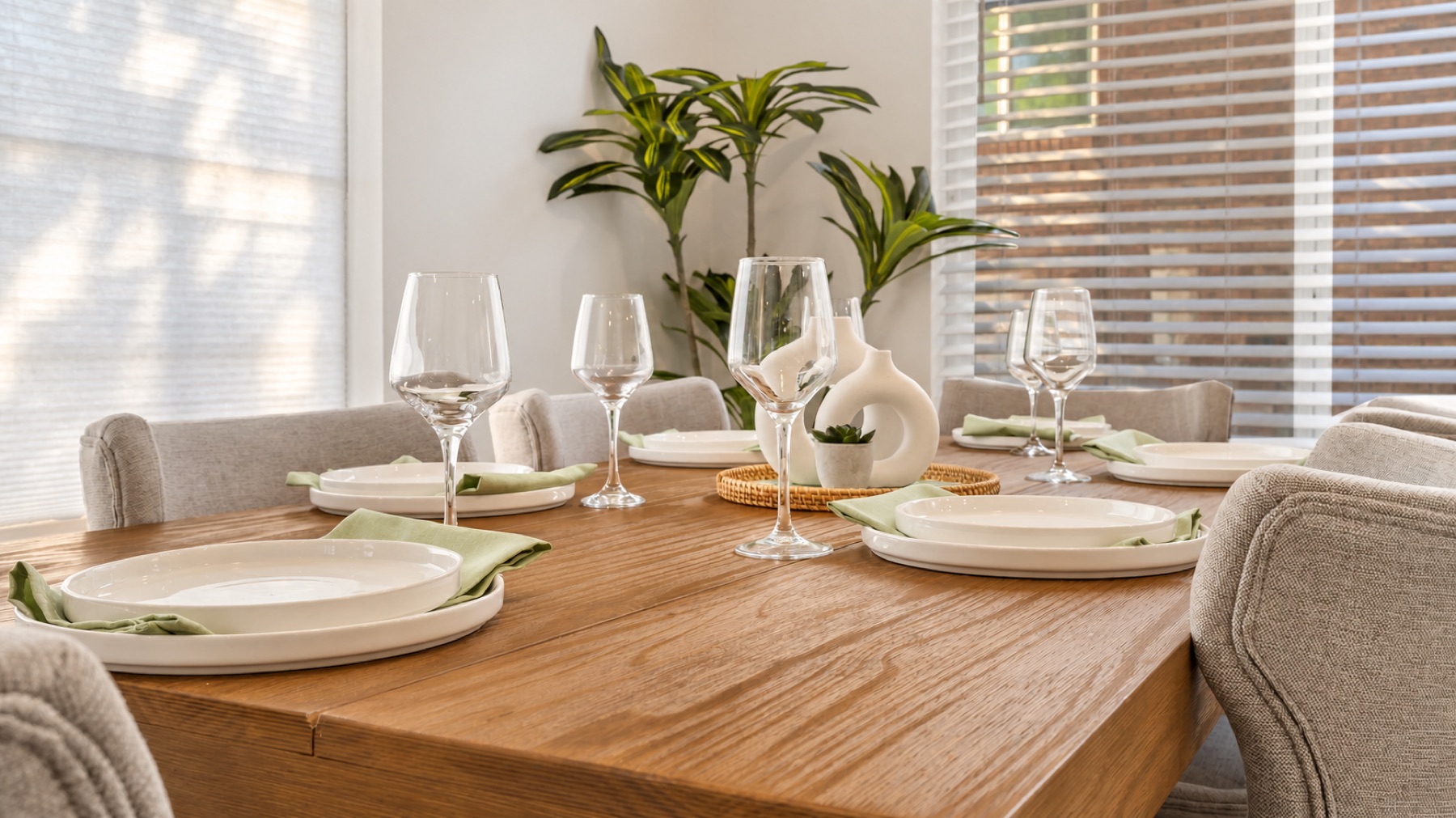Set for dinner: white plates, sage napkins, and wine glasses waiting on the oak table.