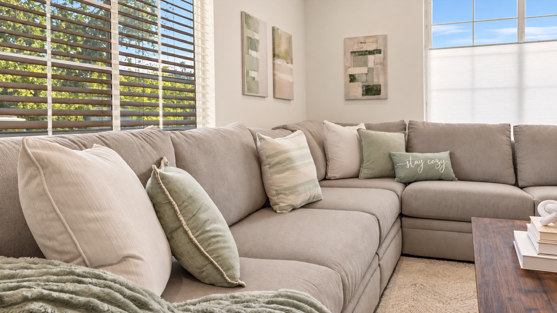 Sage and cream pillows, a knit throw, and a pillow that says stay cozy. It is not a suggestion.