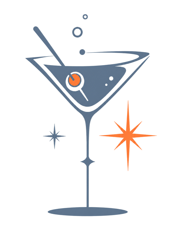 A mid-century martini illustration — slate blue glass, orange starburst