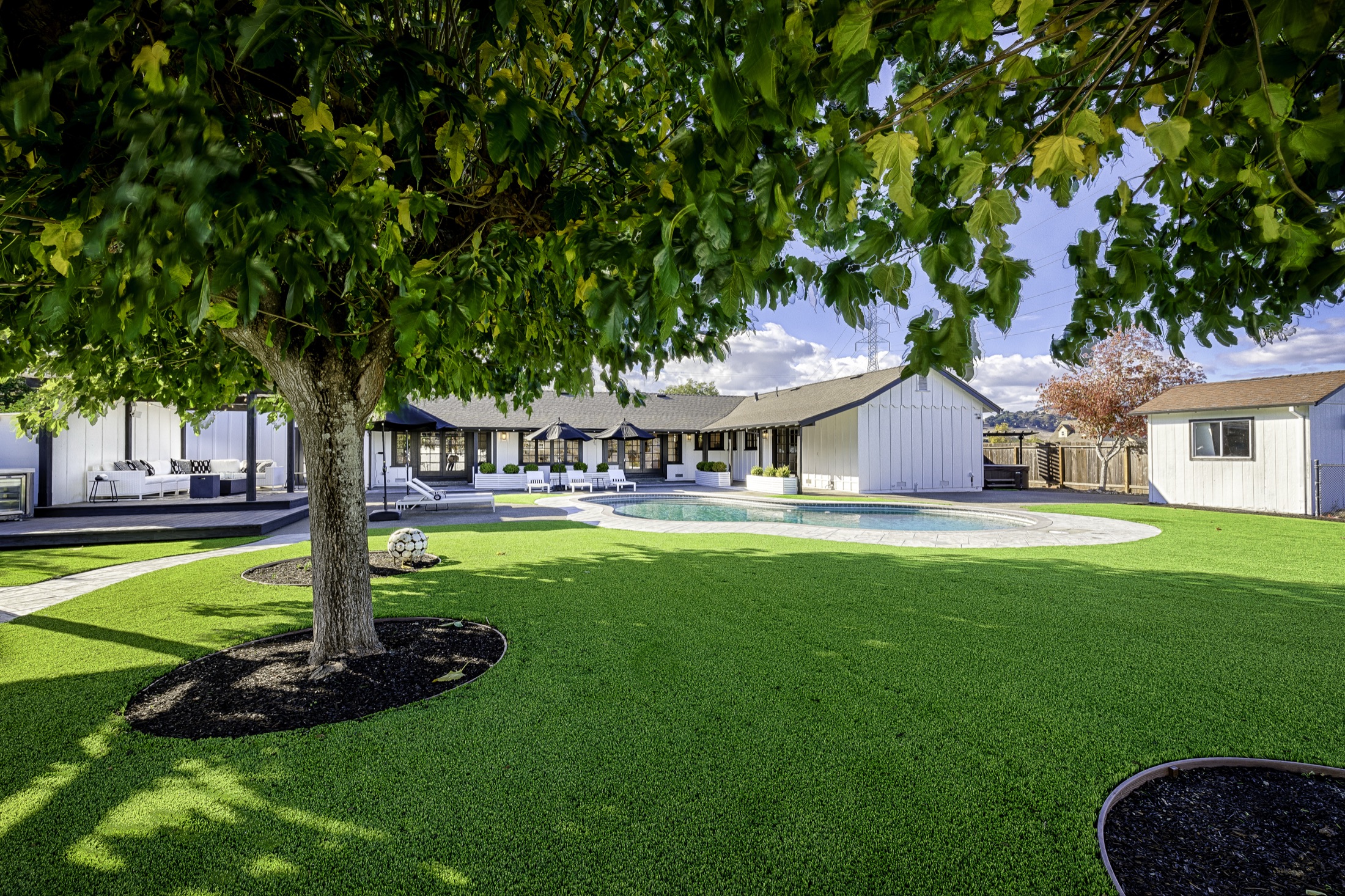 The great lawn under the maple tree, pool and house beyond
