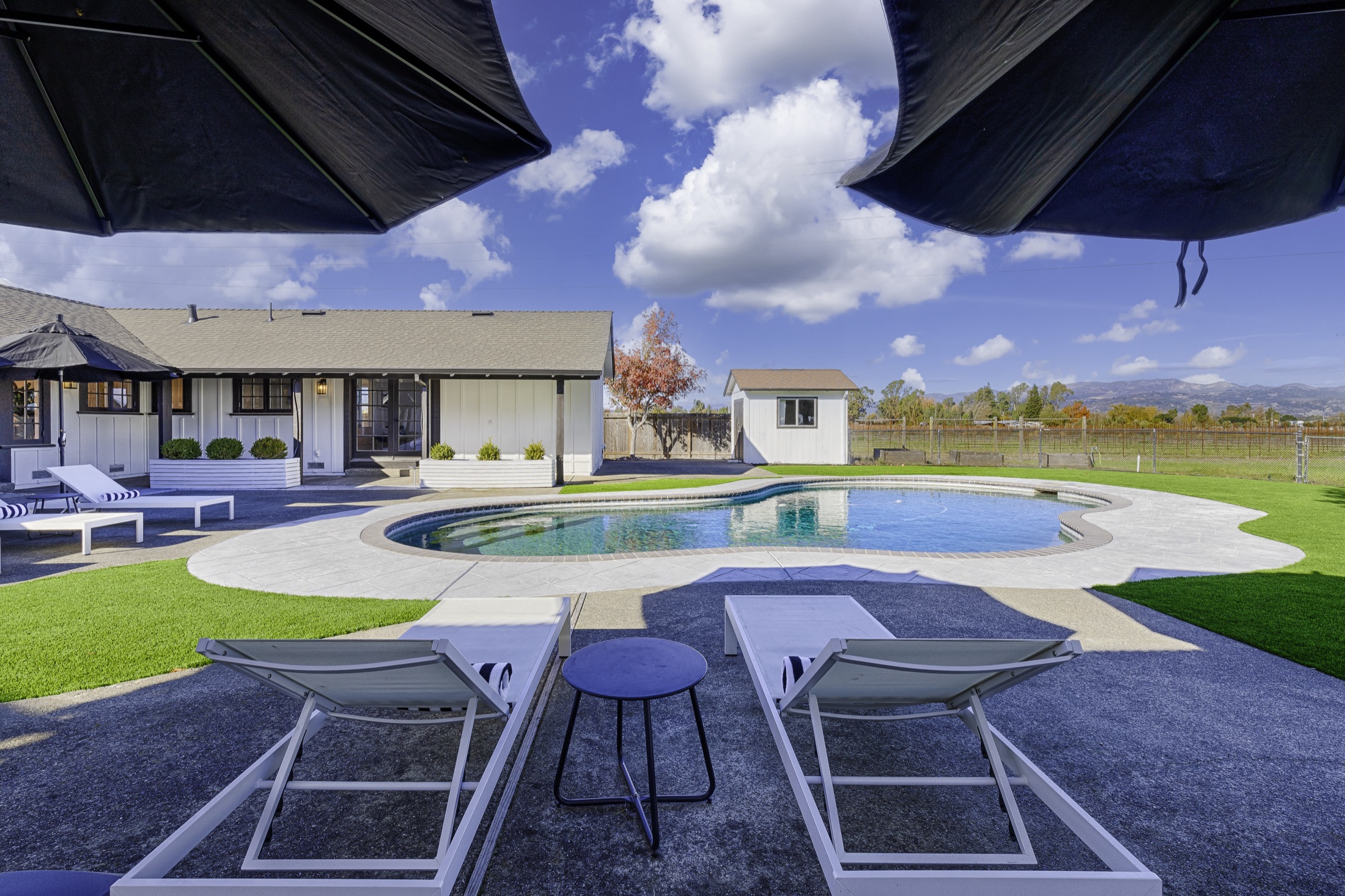 Montgomery House poolside — navy umbrellas, loungers, vineyard and mountains beyond