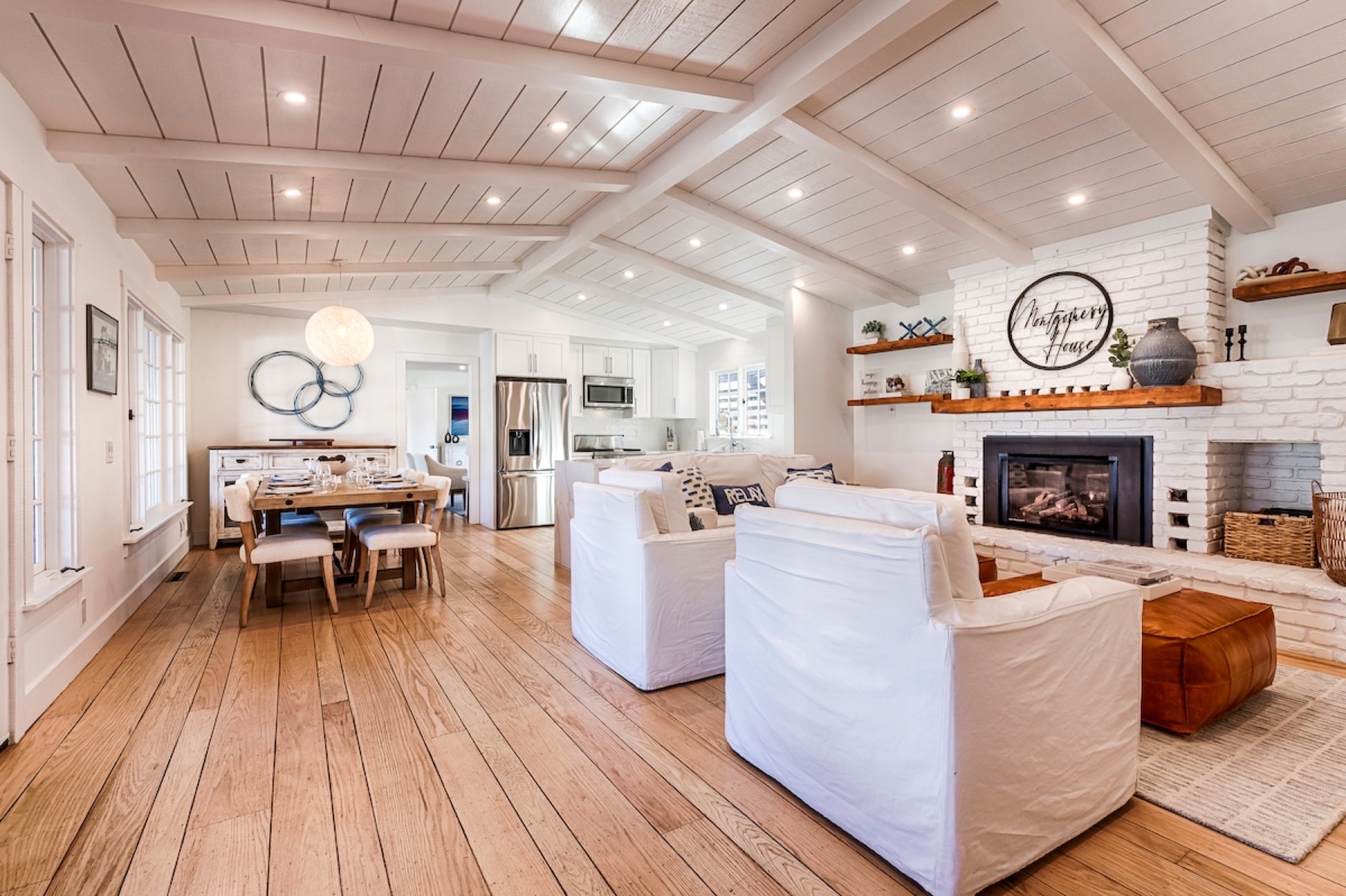 The open plan — kitchen, dining and living in one bright room